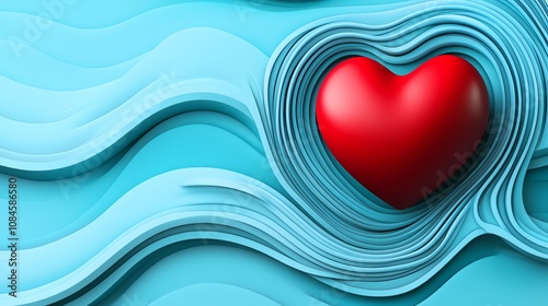 A vibrant red heart sits among flowing blue waves, symbolizing love and connection in a serene, abstract design.