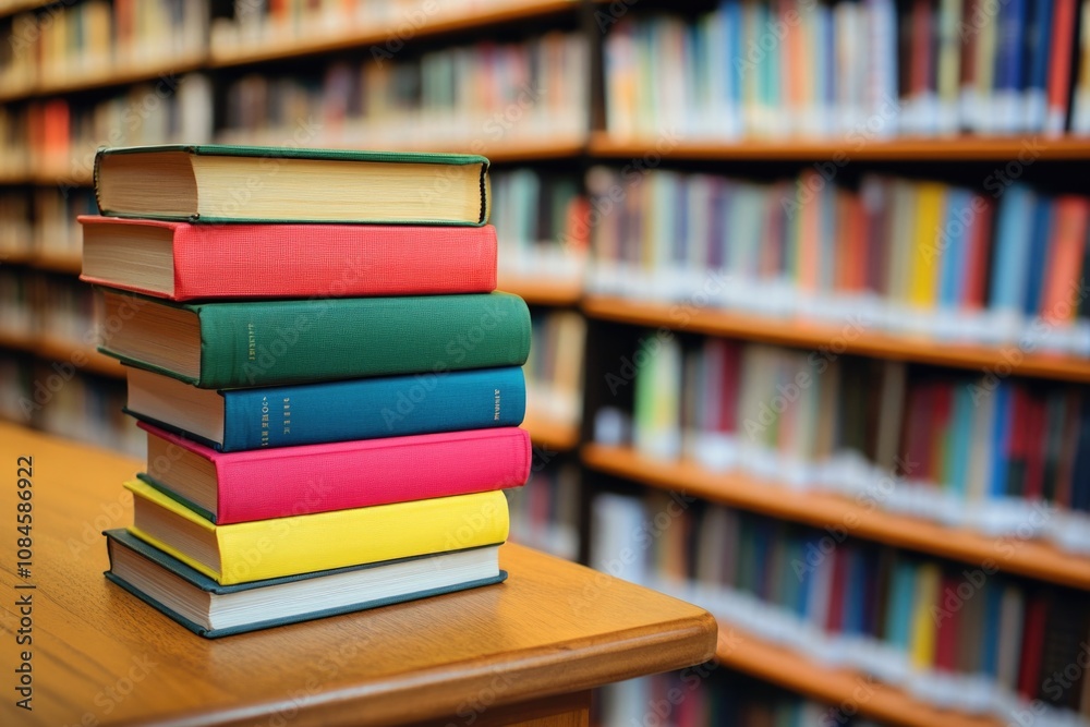 A collection of books stacked on a wooden table, perfect for a home office or study A collection of books stacked on a wooden table, perfect for a home office or study