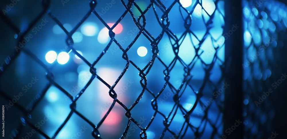 Fototapeta premium Dewdrops glimmer on a chain link fence in the cool morning light of early spring