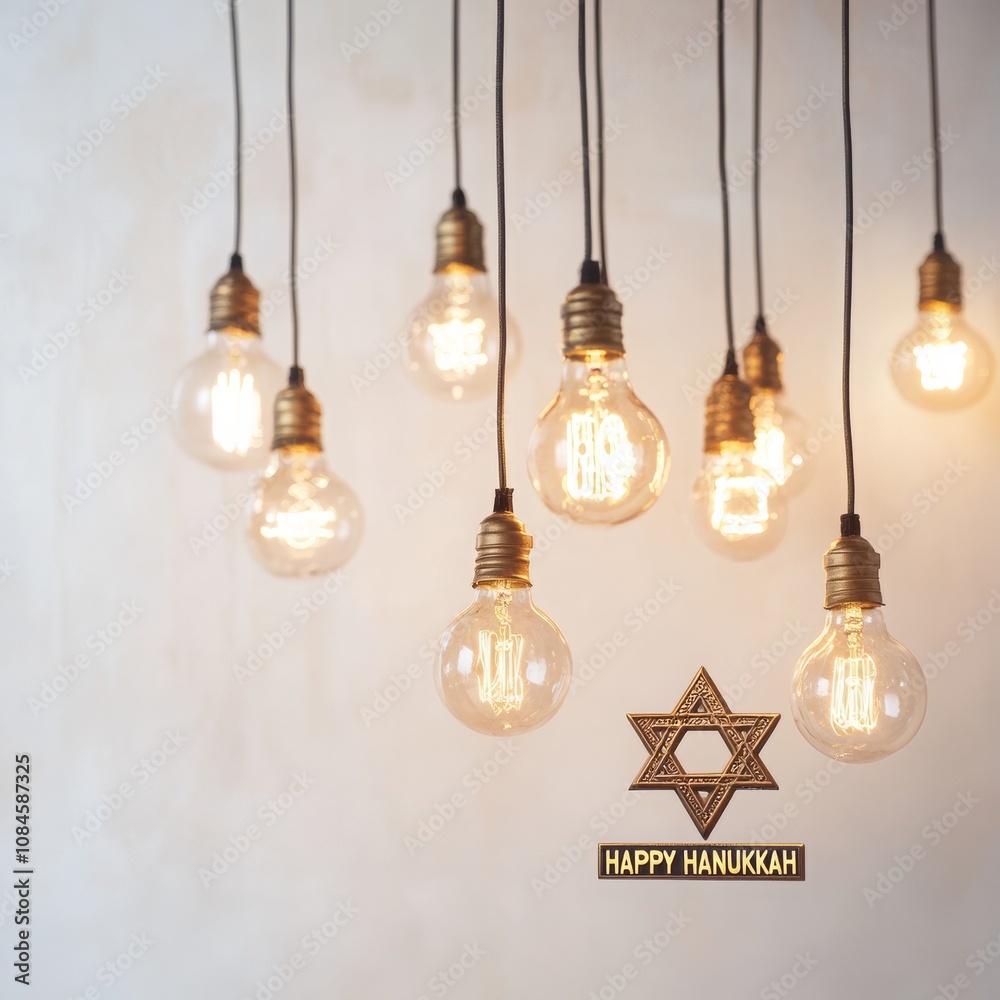 Happy Hanukkah Card with Star of David Light Bulbs, Winter Holidays, Festival of Lights, AI Generated