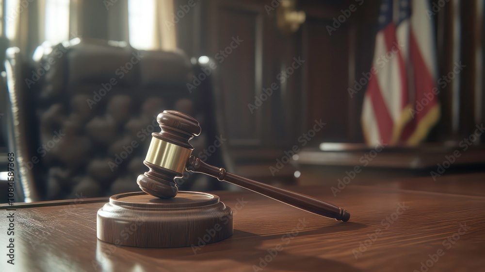 Close-up of gavel on judge desk, symbolizing court trial, justice and legal decisions in courtroom Close-up of gavel on judge desk, symbolizing court trial, justice and legal decisions in courtroom