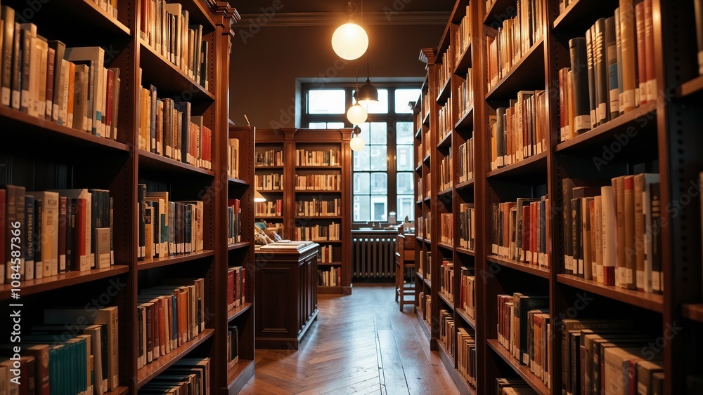 A serene library invites exploration with tall shelves filled with books in warm lighting, an ideal sanctuary for readers and scholars seeking knowledge and tranquility A serene library invites exploration with tall shelves filled with books in warm lighting, an ideal sanctuary for readers and scholars seeking knowledge and tranquility