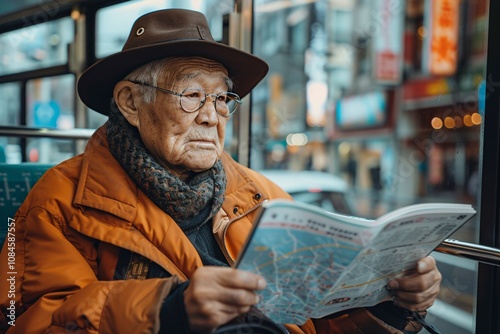 An elderly man in a brown hat and warm jacket sits on a bus, focused on a map as he navigates through a busy city. Bright storefronts and signs are visible outside