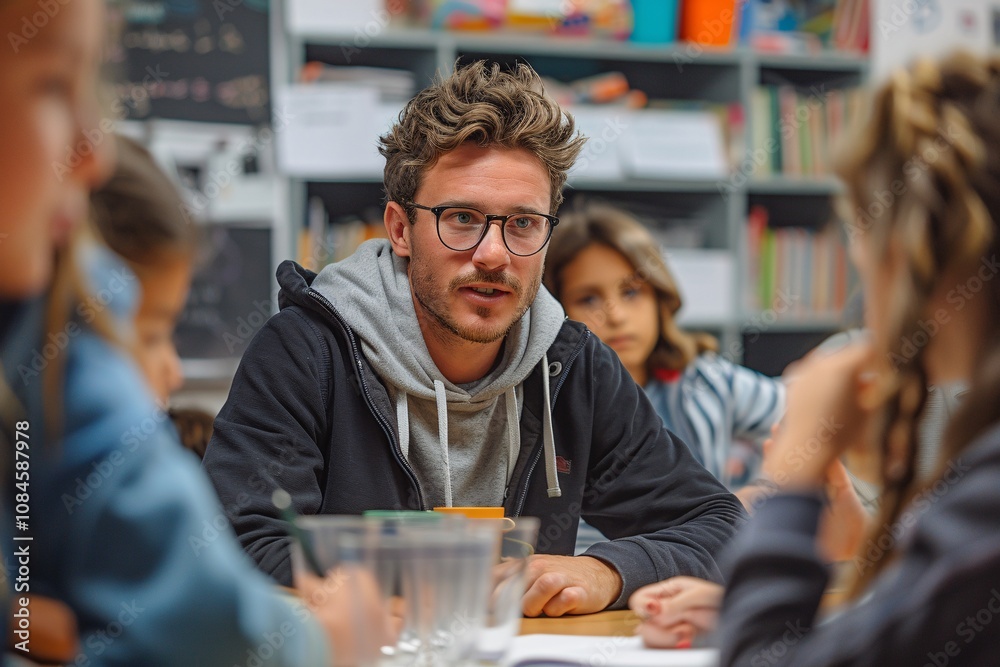 A teacher is sitting at a table, deep in conversation with students. They appear engaged and attentive, fostering a collaborative learning environment in a colorful classroom setting A teacher is sitting at a table, deep in conversation with students. They appear engaged and attentive, fostering a collaborative learning environment in a colorful classroom setting