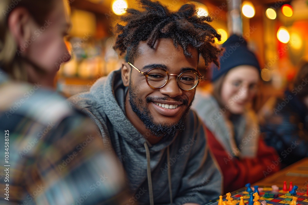 A group of friends gathers at a cafe, smiling and sharing laughter while playing a board game together. The warm ambiance adds to the fun atmosphere as they engage in friendly competition A group of friends gathers at a cafe, smiling and sharing laughter while playing a board game together. The warm ambiance adds to the fun atmosphere as they engage in friendly competition