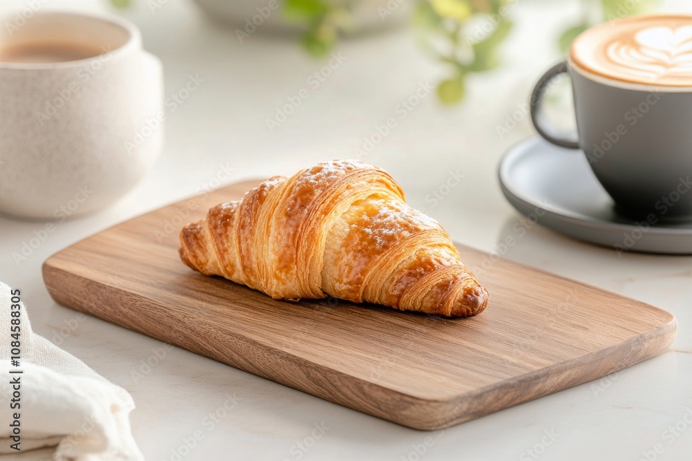 Freshly baked croissant and coffee served on a wooden board in a cozy, minimalistic setting Freshly baked croissant and coffee served on a wooden board in a cozy, minimalistic setting