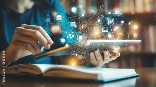 Person Using Tablet Device with Digital Connection Graphics Overlaid, Representing Technology, Learning, and Modern Communication in a Cozy Library Setting