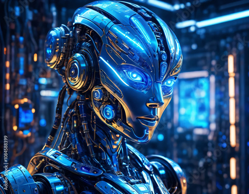 Highly detailed concept image of a futuristic android equipped with advanced technology and sophisticated artificial intelligence. The robot displays intricate machine structures and glowing circuits.