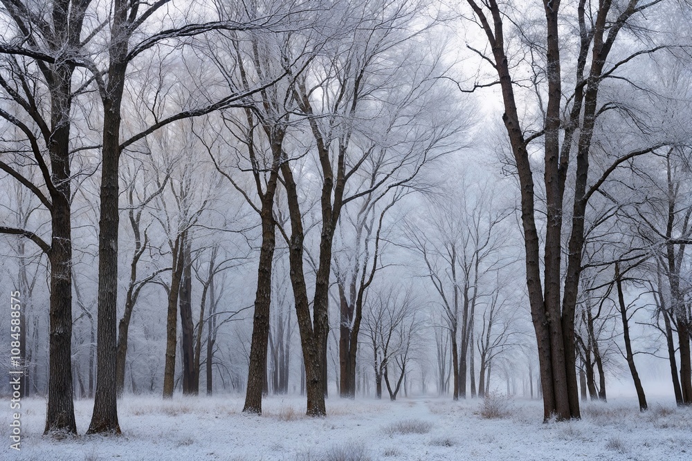 Enchanting Winter Wonderland Landscape Featuring Frost and Leafless Trees Enchanting Winter Wonderland Landscape Featuring Frost and Leafless Trees
