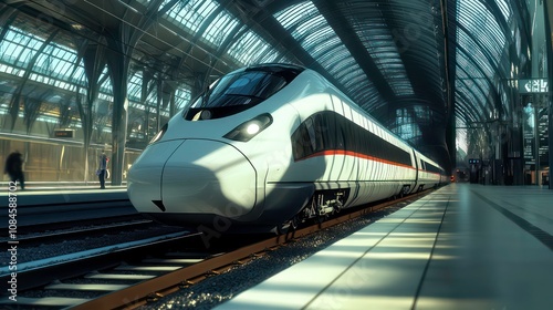 Close-up of a high-speed train at a modern station, capturing the sleek design of the train and the advanced architectural elements of the station