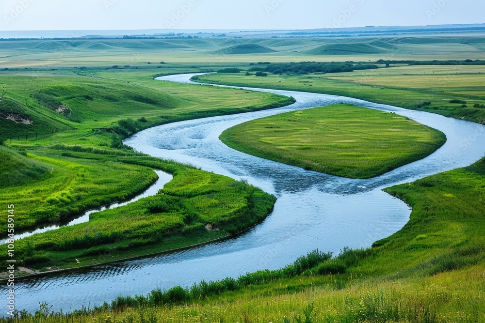 A serene river flows through a picturesque green valley with lush vegetation and rolling hills A serene river flows through a picturesque green valley with lush vegetation and rolling hills
