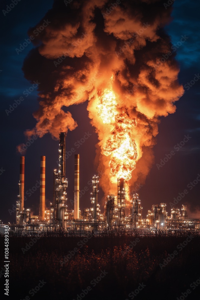 Fototapeta premium Flames erupt from an industrial facility at night, illuminating the sky with orange hues