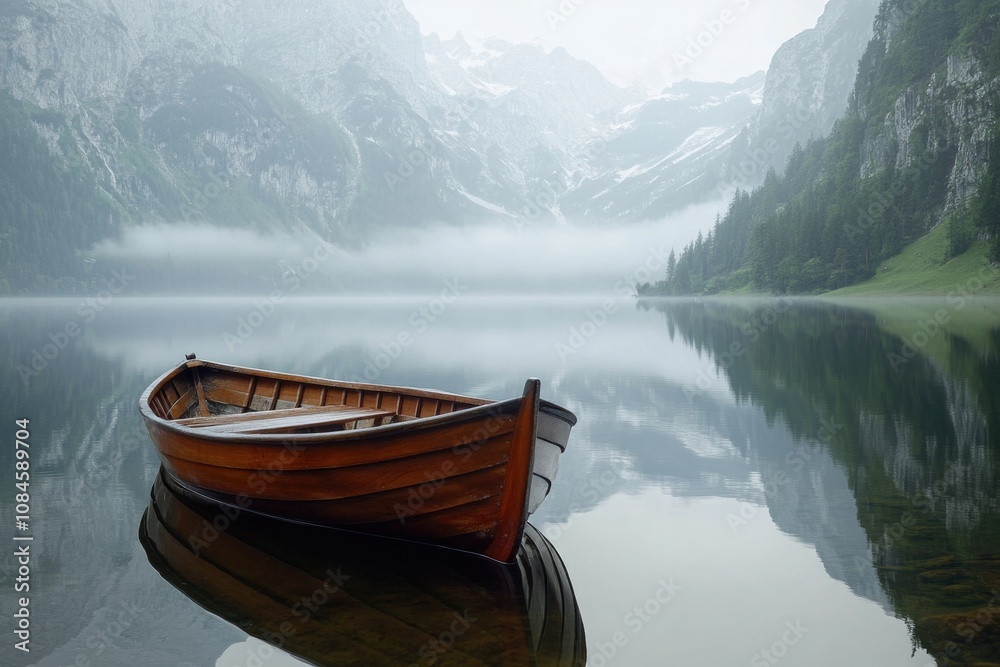 A boat sits peacefully on a mountain lake, surrounded by lush greenery and majestic peaks A boat sits peacefully on a mountain lake, surrounded by lush greenery and majestic peaks
