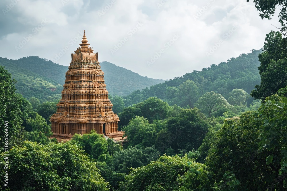 A lone tower stands amidst a dense forest, surrounded by trees and foliage A lone tower stands amidst a dense forest, surrounded by trees and foliage