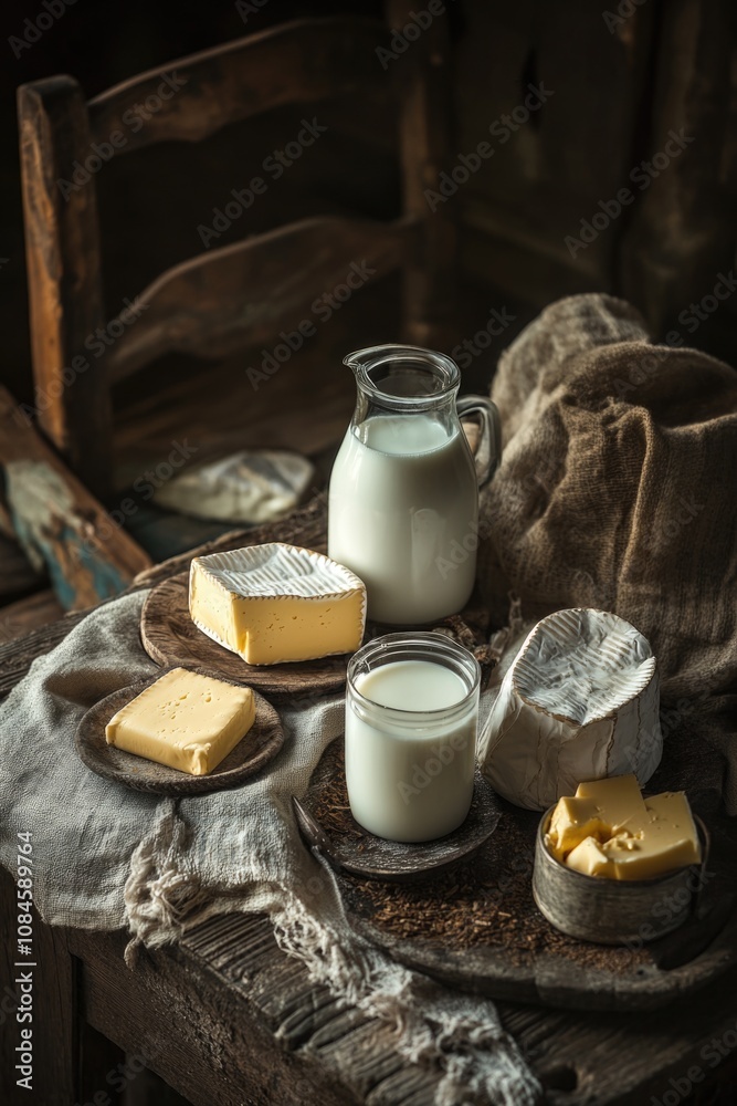 Fresh dairy products on rustic wood surface, great for food styling or still life photography
