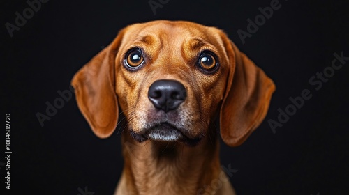 A Sweet Brown Dog With Big Eyes Looking Up Against a Black Background.. AI Generated