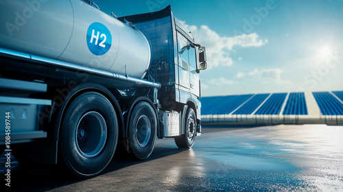Hydrogen tanker truck near a solar panel farm under a clear blue sky.