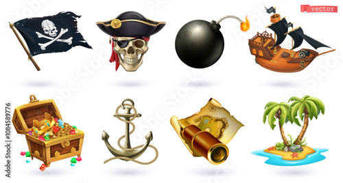 Pirate 3d cartoon vector set