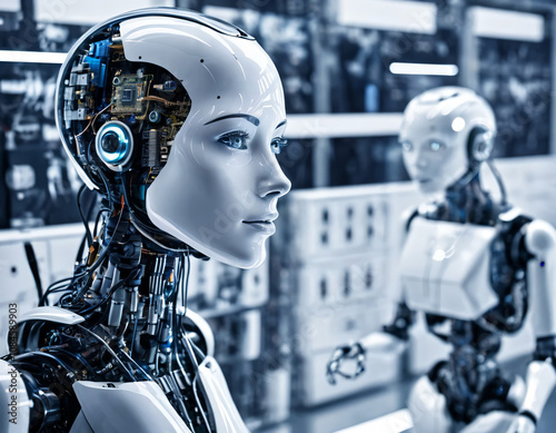 Highly detailed concept image of a futuristic android equipped with advanced technology and sophisticated artificial intelligence. The robot displays intricate machine structures and glowing circuits.