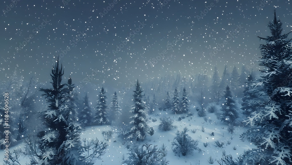Winter night landscape featuring a snowy forest with fir branches, capturing the serene beauty of the season.