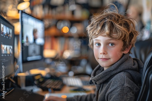 A young boy sits at a desk in a home office, focused on his online learning. Multiple computer screens show educational content, while shelves filled with books create an inspiring workspace