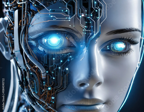 Highly detailed concept image of a futuristic android equipped with advanced technology and sophisticated artificial intelligence. The robot displays intricate machine structures and glowing circuits.