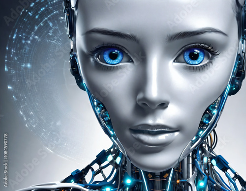 Highly detailed concept image of a futuristic android equipped with advanced technology and sophisticated artificial intelligence. The robot displays intricate machine structures and glowing circuits.