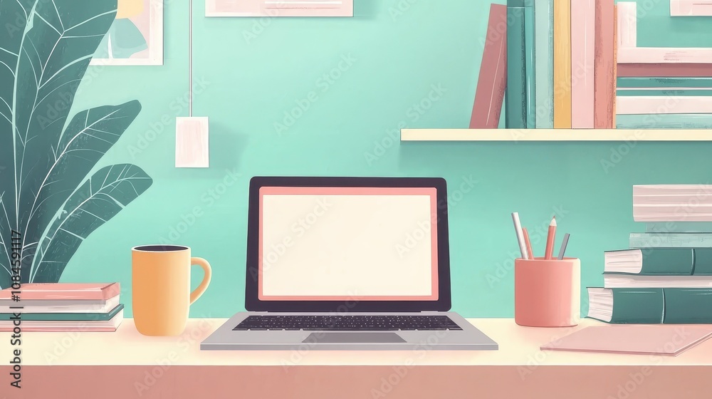 Modern Workspace with Laptop, Coffee Mug, and Books on a Stylish Desk Surrounded by Greenery and Vibrant Decor for Creative Inspiration and Productivity Modern Workspace with Laptop, Coffee Mug, and Books on a Stylish Desk Surrounded by Greenery and Vibrant Decor for Creative Inspiration and Productivity