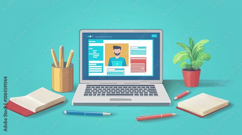 Laptop with Online Profile on Screen Surrounded by Stationery Items and Green Plant in Bright Workspace Setting, Perfect for Freelancers and Digital Professionals Laptop with Online Profile on Screen Surrounded by Stationery Items and Green Plant in Bright Workspace Setting, Perfect for Freelancers and Digital Professionals