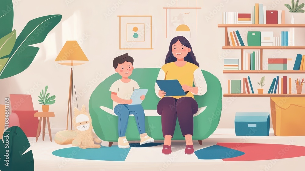 Happy family time in a cozy living room with a mother and child using tablets, a playful pet nearby, colorful decor, and a warm, inviting atmosphere. Happy family time in a cozy living room with a mother and child using tablets, a playful pet nearby, colorful decor, and a warm, inviting atmosphere.