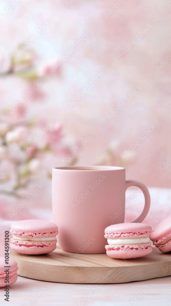 Pink macaroons and a matching cup on a wooden board with a soft pastel background Pink macaroons and a matching cup on a wooden board with a soft pastel background
