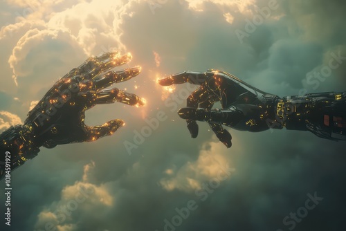 A reimagining of Michelangelo The Creation of Adam, where Adam is depicted as a humanoid robot. 