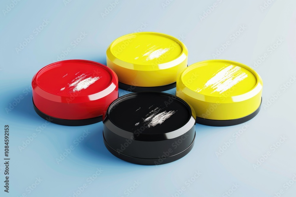 A collection of four distinct color lids placed on a bright blue surface, great for DIY projects or as a decorative item A collection of four distinct color lids placed on a bright blue surface, great for DIY projects or as a decorative item