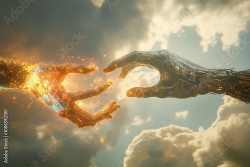 A reimagining of Michelangelo The Creation of Adam, where Adam is depicted as a humanoid robot. 