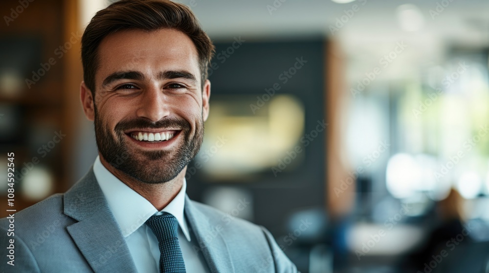 A happy businessman in a suit and tie, smiling confidently A happy businessman in a suit and tie, smiling confidently