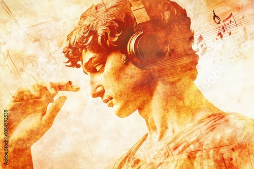 a Renaissance composition including Michelangelo's David face with short hair wearing DJ headphones in the middle trying to reach up the sky with his hand, fyling music notes