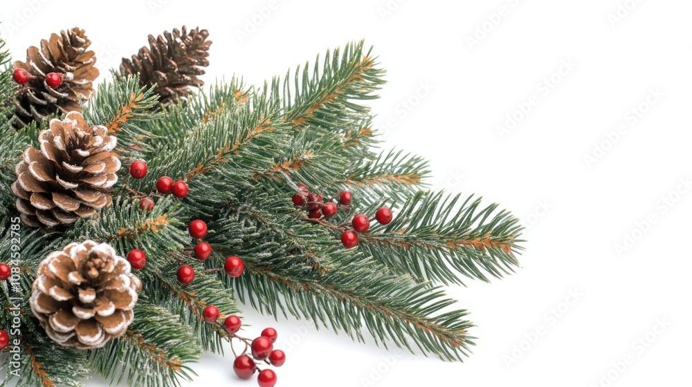 A pine branch with red berries and pine cones, great for decorating or nature photography