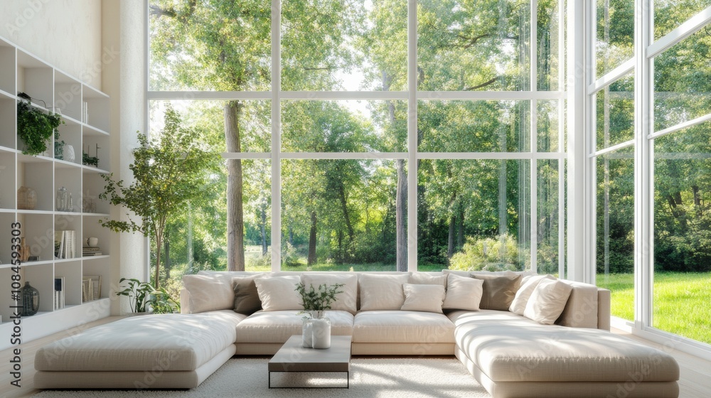 A modern living room features a spacious layout with large windows that open up to a vibrant garden, inviting natural light and tranquility indoors. Generative AI A modern living room features a spacious layout with large windows that open up to a vibrant garden, inviting natural light and tranquility indoors. Generative AI
