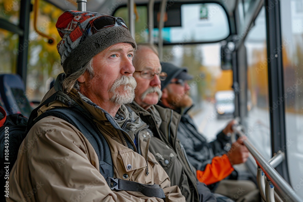 Three men are sitting on a bus, gazing out of the windows as rain falls. The autumn scenery features muted colors, and the mood reflects quiet contemplation amidst the journey Three men are sitting on a bus, gazing out of the windows as rain falls. The autumn scenery features muted colors, and the mood reflects quiet contemplation amidst the journey