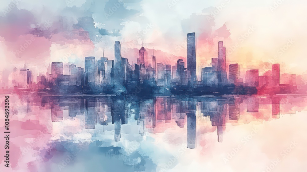 Captivating watercolor effect of a city skyline reflected on water with pastel colors, creating a serene cityscape Captivating watercolor effect of a city skyline reflected on water with pastel colors, creating a serene cityscape