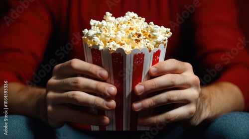 A person holds a bucket of freshly popped popcorn photo