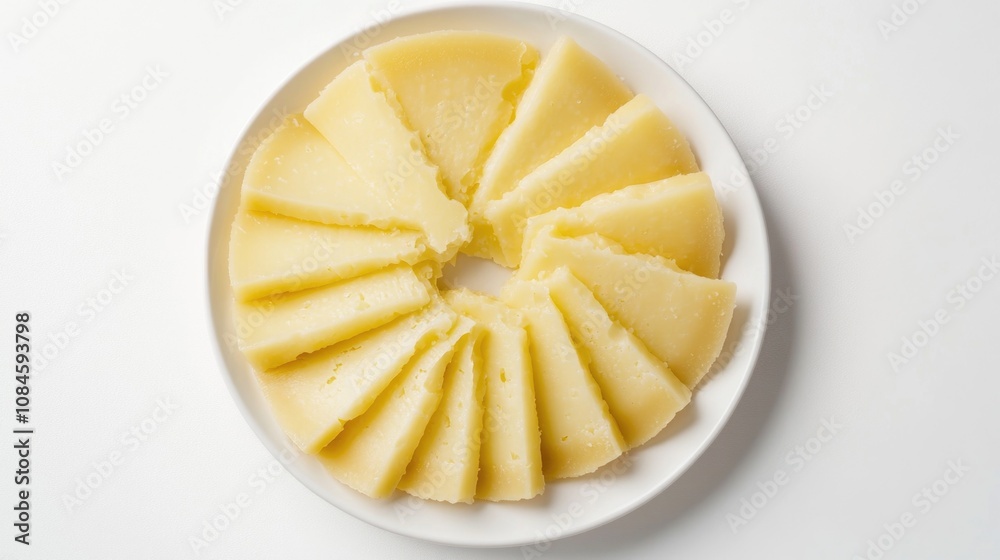 A close-up shot of a white plate topped with sliced cheese, great for food or kitchen themed projects A close-up shot of a white plate topped with sliced cheese, great for food or kitchen themed projects