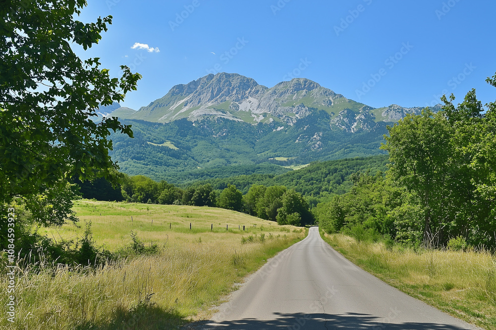 Fototapeta premium Serene Mountain Road Through Lush Green Landscape