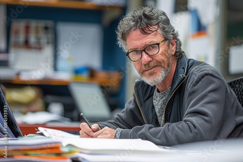 A focused man with glasses is writing notes at his desk filled with papers and documents. The background reveals an active office atmosphere with various items scattered around