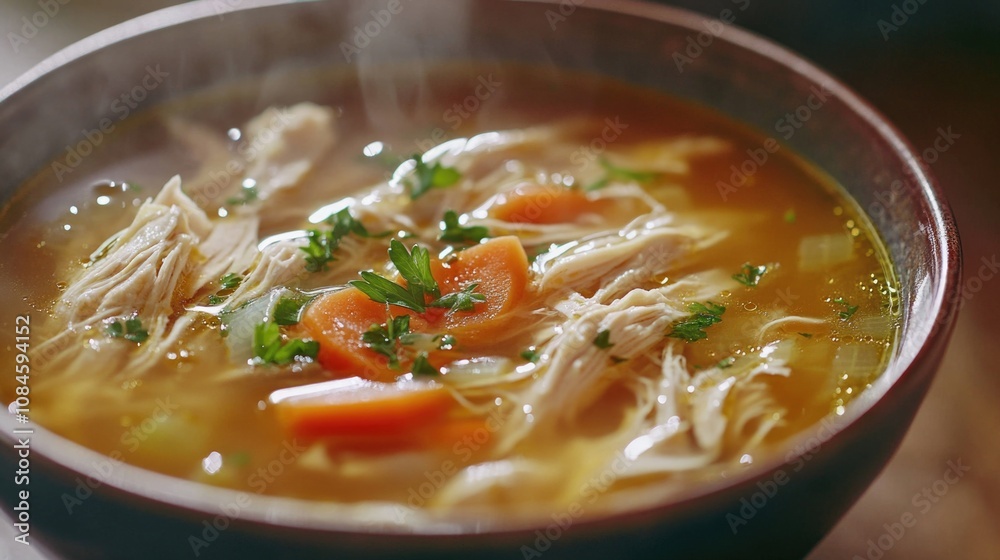 A warm bowl of chicken soup with carrots and parsley, perfect for comfort food or meal prep A warm bowl of chicken soup with carrots and parsley, perfect for comfort food or meal prep