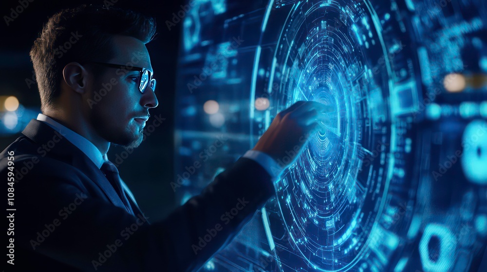 Businessman in a suit interacts with a futuristic, holographic interface. Businessman in a suit interacts with a futuristic, holographic interface.
