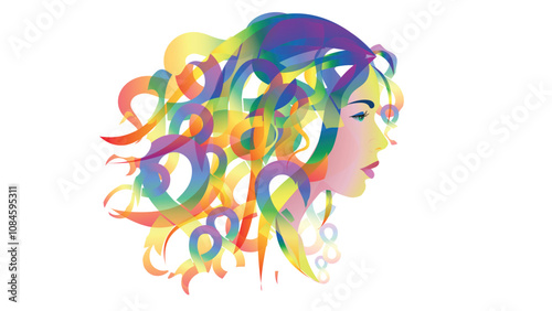 Woman with rainbow infinity symbols hair. Concept for neurodiversity, Disability Pride Month. Neurodiversity awareness and acceptance concept vector. Autism awareness. 