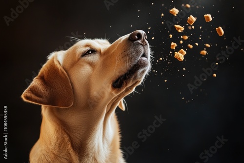 A close-up shot of a dog's face, gazing up at its food with hope and anticipation photo