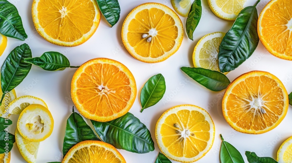 Freshly cut oranges with green leaves on a clean surface, ideal for cooking or photography Freshly cut oranges with green leaves on a clean surface, ideal for cooking or photography