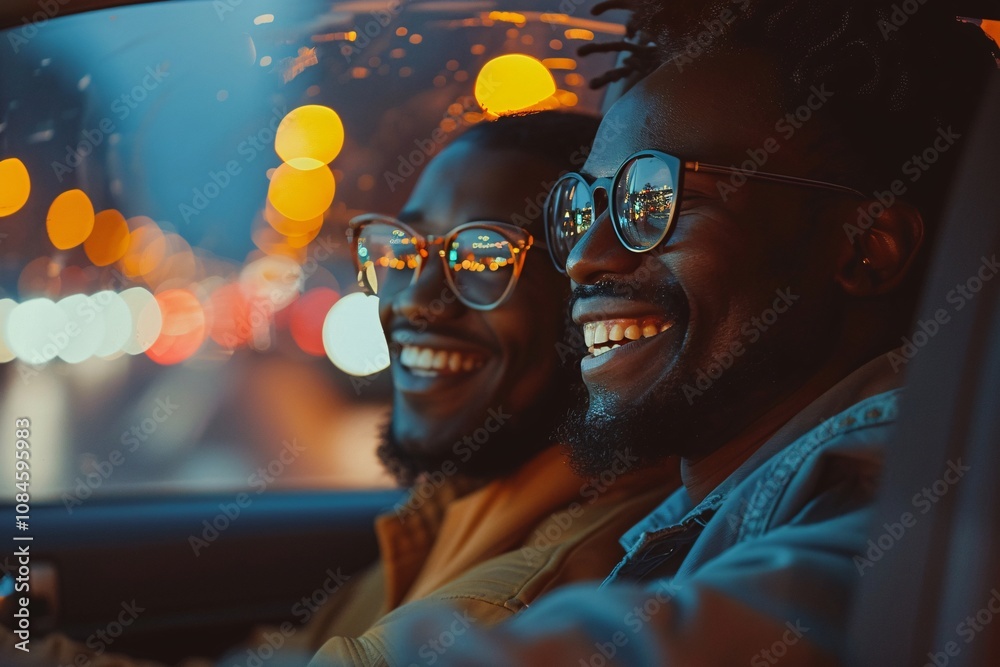 Two friends sit in a car, laughing and smiling as they drive through a colorful city at night with bright lights illuminating the surroundings Two friends sit in a car, laughing and smiling as they drive through a colorful city at night with bright lights illuminating the surroundings